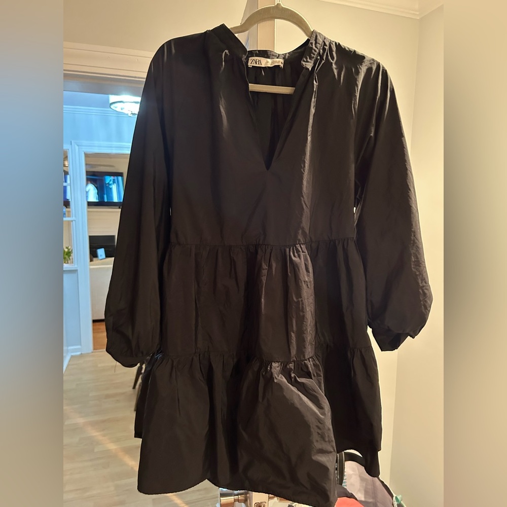 Poplin Black Zara Dress V Neck